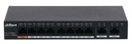 DAHUA DH-PFS3010-8GT-96 10-портовый гигабитный неуправляемый коммутатор с РоЕ, 8xRJ45 1Gb PoE, 2xRJ45 1Gb uplink, суммарно 96Вт, коммутация 20Гбит/с, MAC-таблица 4К, металл